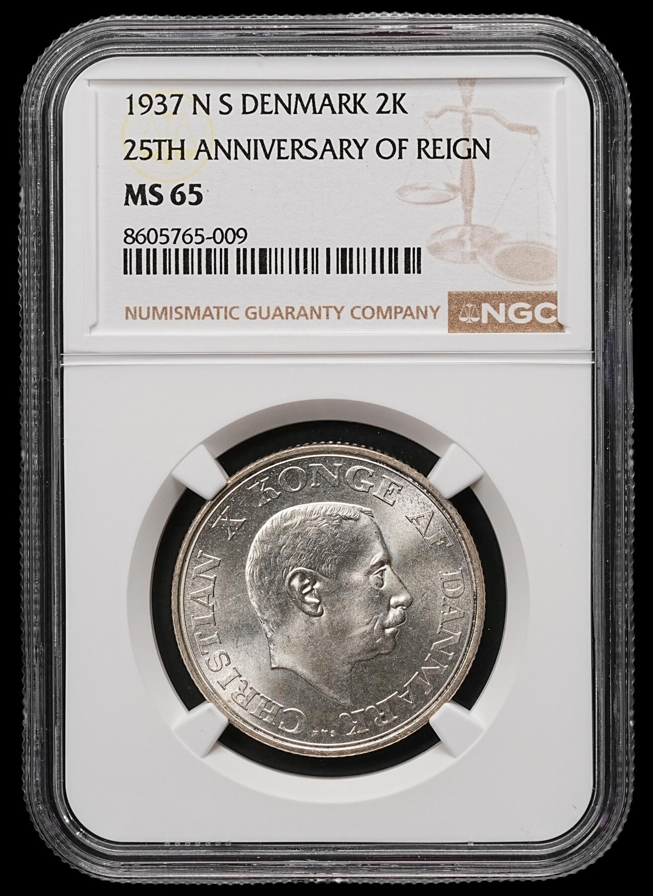 修遠堂世界钱币第107期 NGC MS65 1937年丹麦国王登基25周年纪念2克朗银币