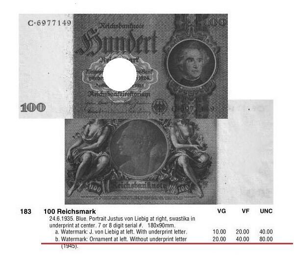 德国第三帝国1935年 化学家李比希100马克 无字母花纹水印 爽品