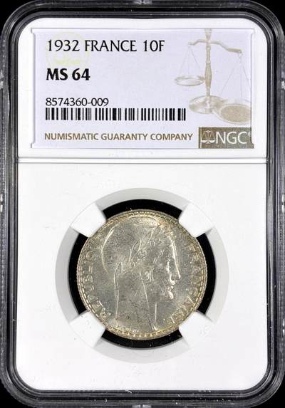 【雨安】【直播拍卖】【第0128期-评级币章】2026-03-14 周六 19:30 (金价1145, 银价22.39) - [评级法国] France 法国 10法郎 KM#0878 桂冠女神  [10.00 g.,  0.680 Silver] 1932年  NGC-MS64