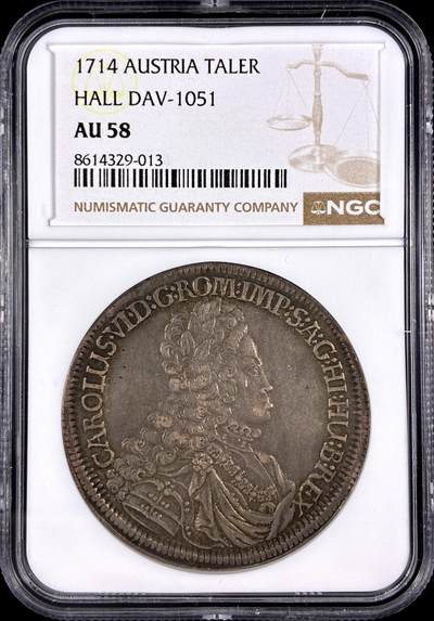 【雨安】【直播拍卖】【第0128期-评级币章】2026-03-14 周六 19:30 (金价1145, 银价22.39) - [评级欧洲] Austria 奥地利 1泰勒 KM#1570 DAV-1051 (1714-1718) 查理六世 1714年  NGC-AU58 原味欧洲淡美包浆