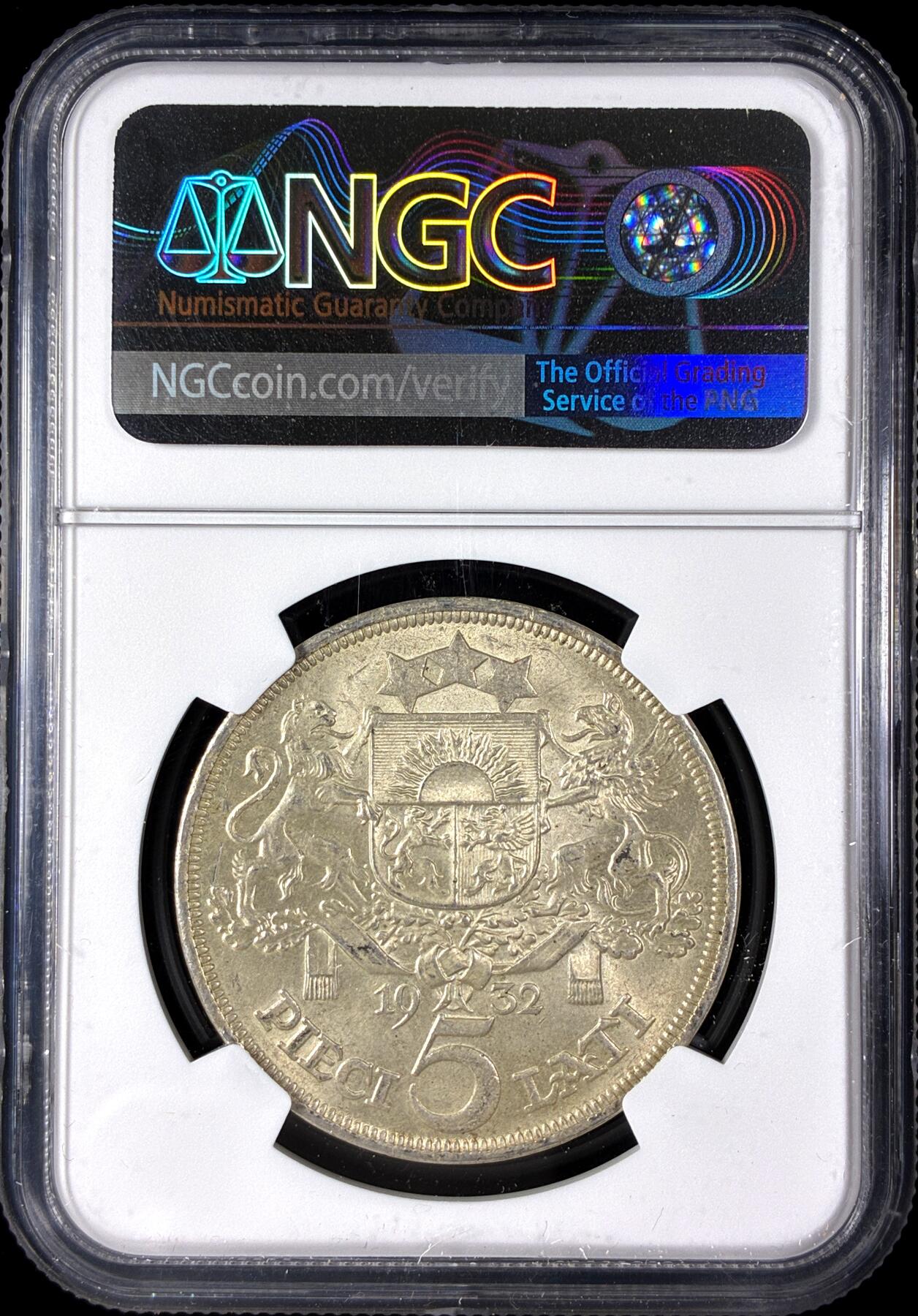 【雨安】【直播拍卖】【第0128期-评级币章】2026-03-14 周六 19:30 (金价1145, 银价22.39) [评级欧洲] Latvia 拉脱维亚 5拉特 1932年  NGC-MS63