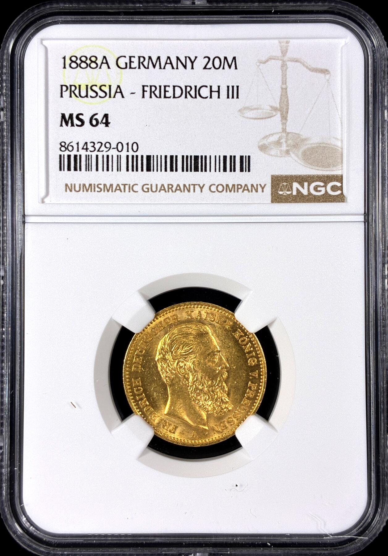 【雨安】【直播拍卖】【第0128期-评级币章】2026-03-14 周六 19:30 (金价1145, 银价22.39) [评级金铂] Germany [金币] 德国 帝国 J.248 Prussia普鲁士 20马克 三皇 1888年  NGC-MS64