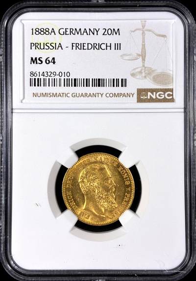 【雨安】【直播拍卖】【第0128期-评级币章】2026-03-14 周六 19:30 (金价1145, 银价22.39) - [评级金铂] Germany [金币] 德国 帝国 J.248 Prussia普鲁士 20马克 三皇 1888年  NGC-MS64
