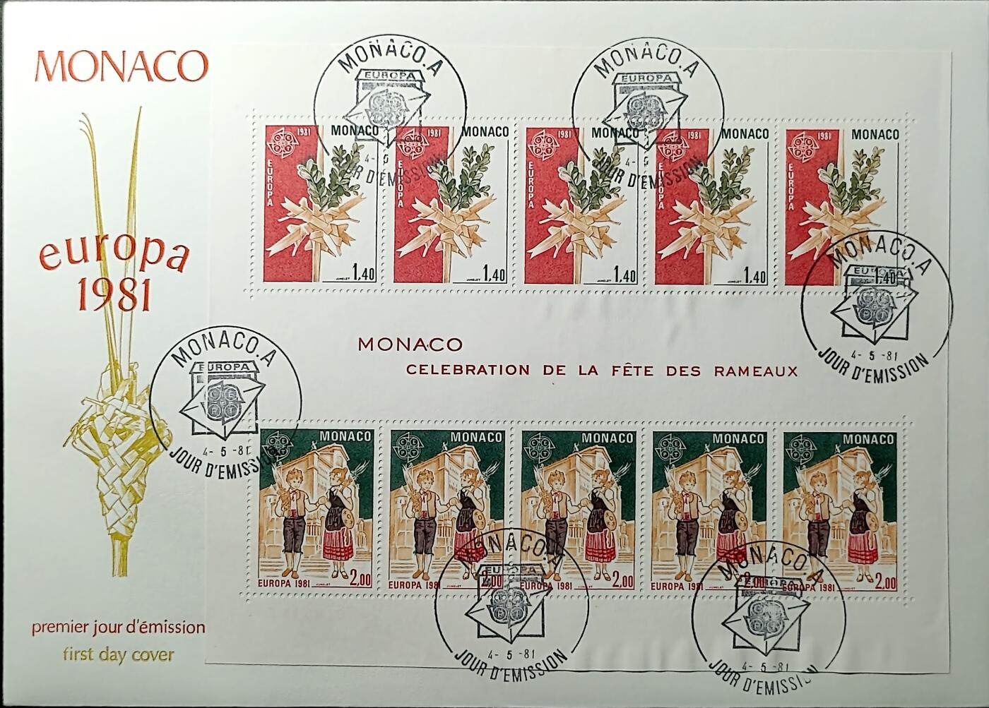 ↓君缘收藏760期☞钱币邮品↓无佣金、可寄存、满30元包邮  摩纳哥邮票，1981年欧罗巴·棕榈枝节庆典邮票小版张首日封(大封)