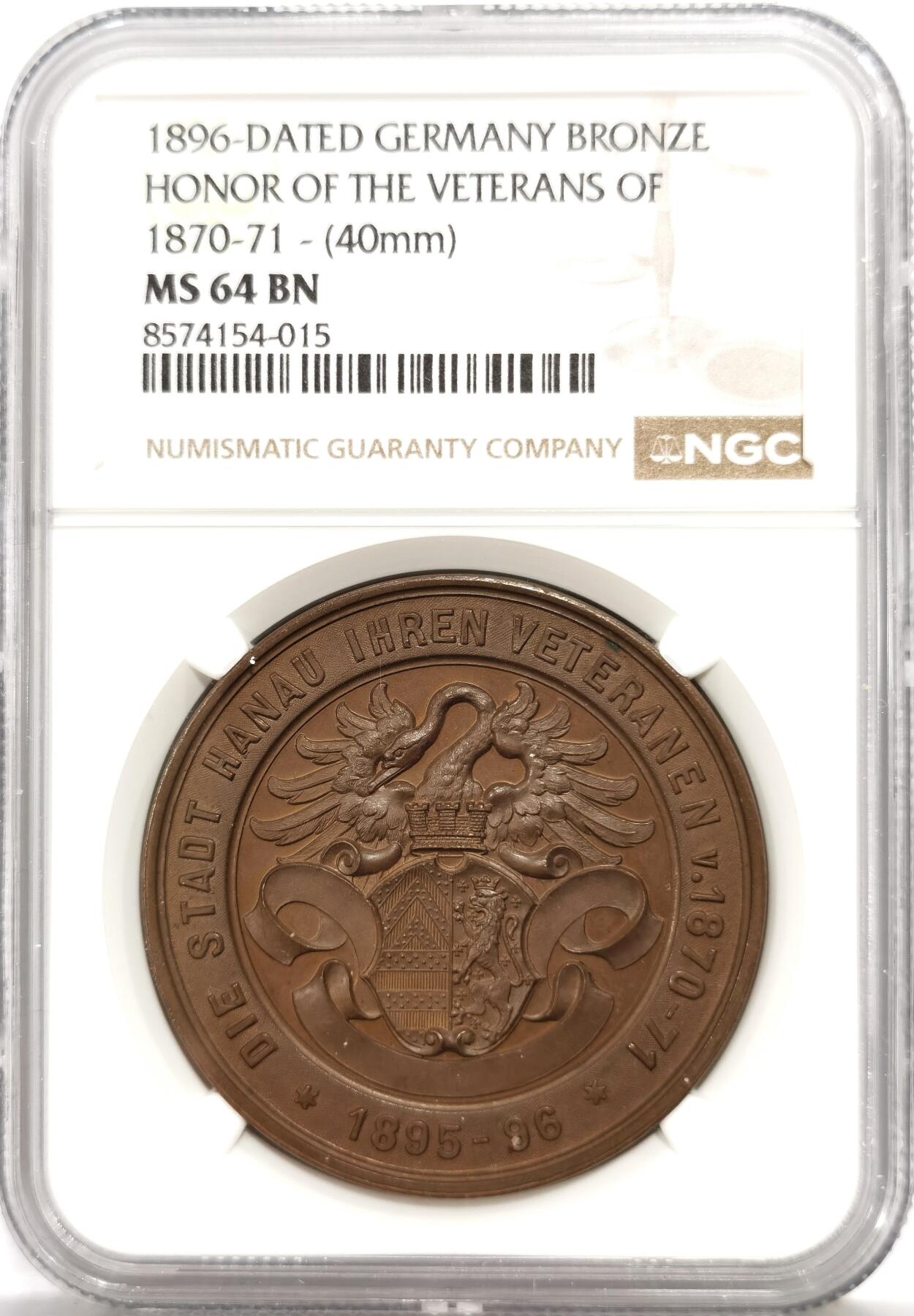 博洋堂世界钱币拍卖第164期（全场包邮） NGC MS64BN 德国1896年普法战争胜利25周年退伍军人纪念大铜章，异常少见的品种，精美的高浮雕图案！