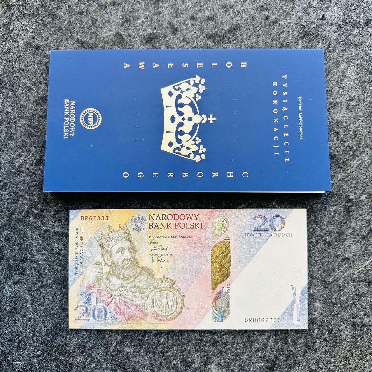 🇵🇱2606¥ ¥波兰2025年20兹落提Hybrid窗口复合钞，纪念波列斯瓦夫一世加冕1000周年（带册和宣传册） 波兰纪念钞，豹子号333（BR0067333）