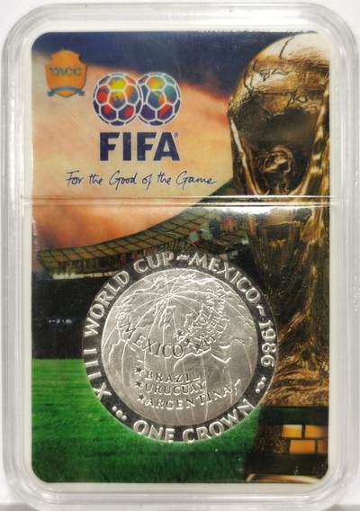 博洋堂世界钱币拍卖第164期（全场包邮） - 马恩岛1986年墨西哥世界杯1克朗精制银币，28.28克925银