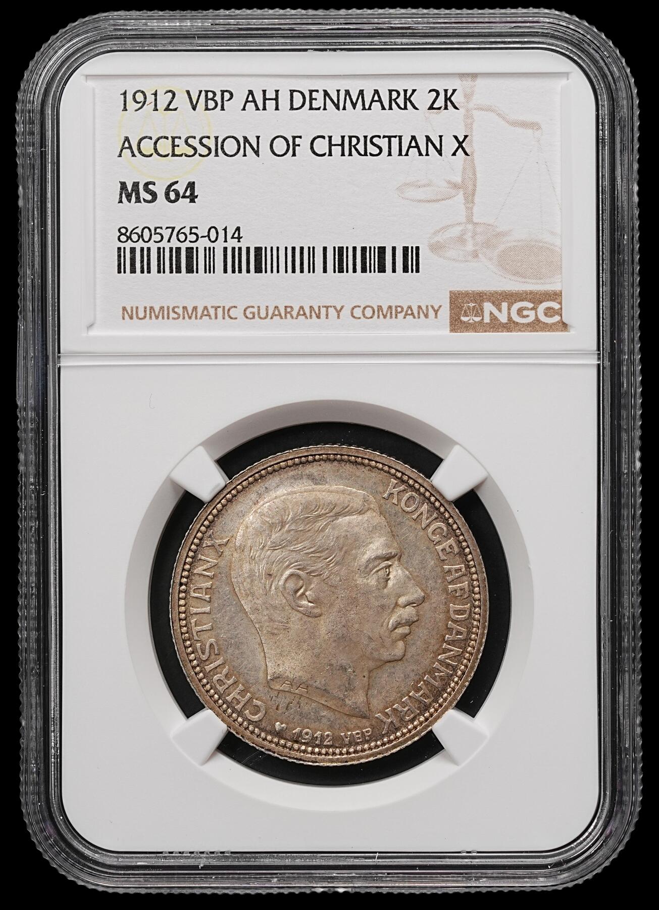 修遠堂世界钱币第107期 NGC MS64 1912年丹麦国王更迭纪念2克朗银币