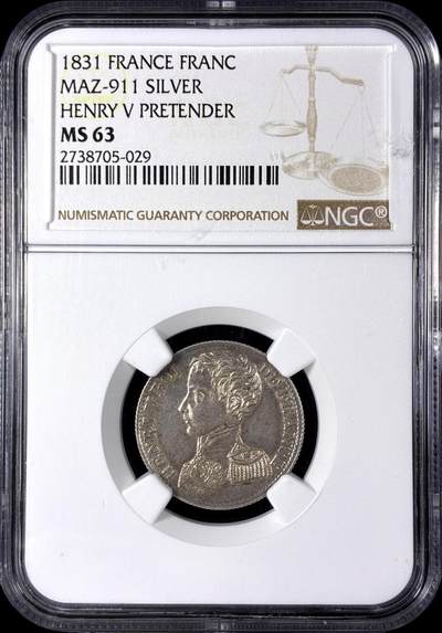 【雨安】【直播拍卖】【第0128期-评级币章】2026-03-14 周六 19:30 (金价1145, 银价22.39) - [评级法国] France 法国 样币 Maz-0911 1法郎 1831年 亨利五世 银样  NGC-MS63
