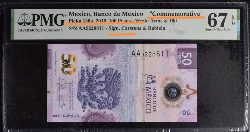 （罕见PMG公司错标币）原票信息：墨西哥2021年 50比索 首发AA冠 /错标信息：墨西哥2016年 100比索 纪念钞 /除号码以外其他信息全部错误 PMG官网可查询 PMG公司罕见错误 孤品