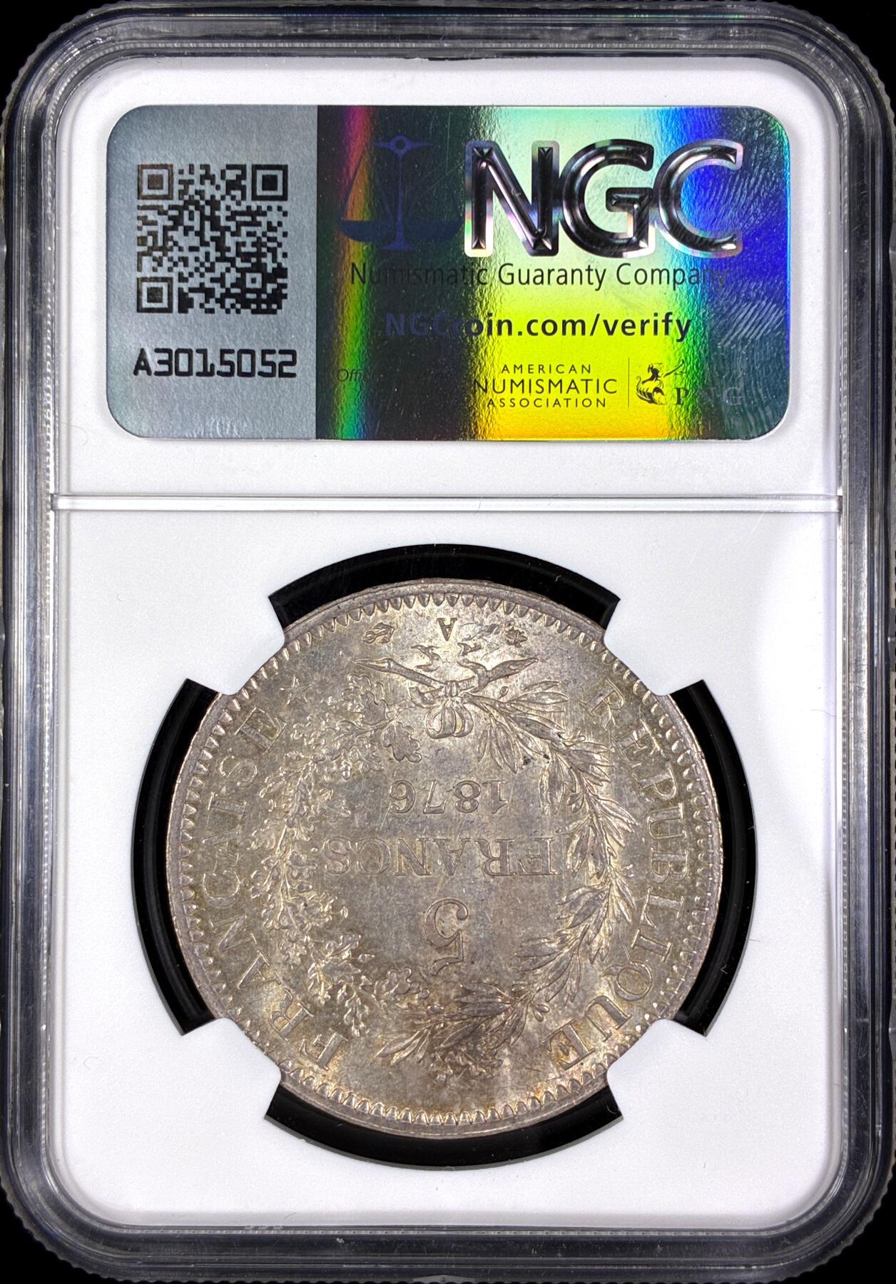 【雨安】【直播拍卖】【第0128期-评级币章】2026-03-14 周六 19:30 (金价1145, 银价22.39) [评级法国] France 法国 5法郎 KM#0820 (1870-1889) 大力神 1876年  NGC-MS63