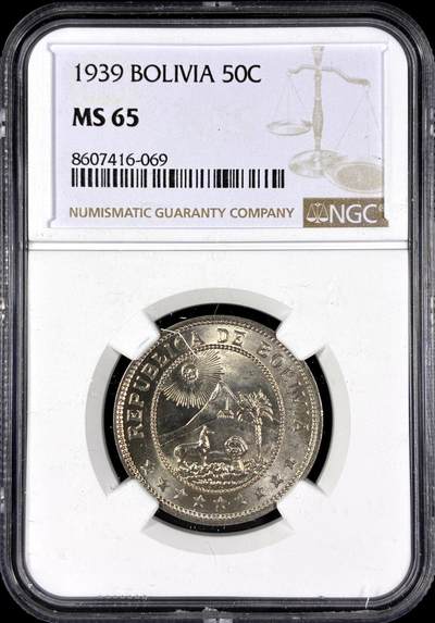 【雨安】【直播拍卖】【第0128期-评级币章】2026-03-14 周六 19:30 (金价1145, 银价22.39) - [评级美洲] Bolivia 玻利维亚 50分 1939年  NGC-MS65