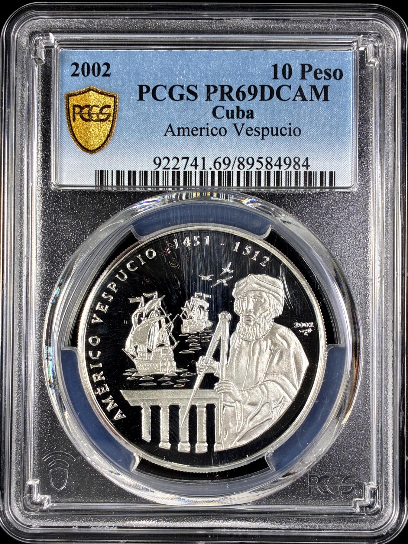 【雨安】【直播拍卖】【第0128期-评级币章】2026-03-14 周六 19:30 (金价1145, 银价22.39) [评级现代] Cuba 古巴 10比索 2002年 意大利探险家亚美利哥·韦斯普奇 PCGS-PR69DCAM 精制币