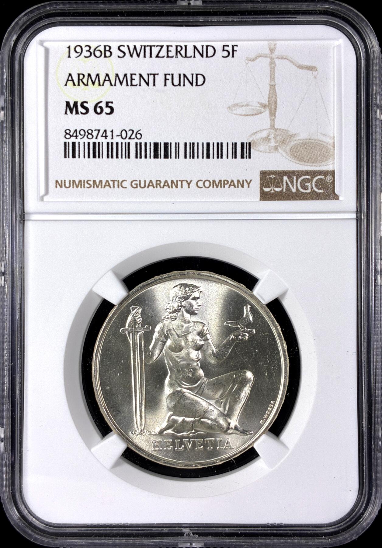 【雨安】【直播拍卖】【第0128期-评级币章】2026-03-14 周六 19:30 (金价1145, 银价22.39) [评级欧洲] Switzerland 瑞士 5法郎 1936年 军备基金 KM# 41  NGC-MS65