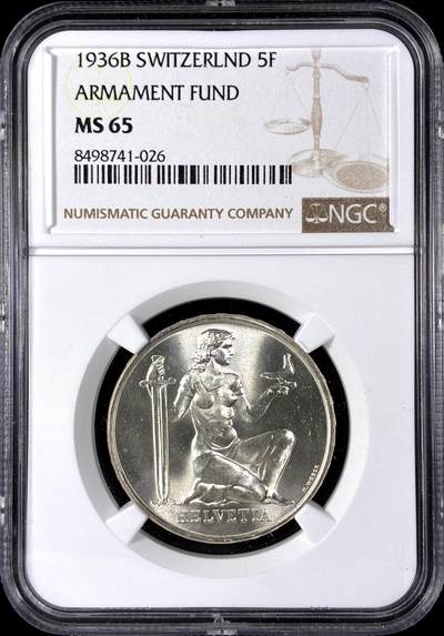 【雨安】【直播拍卖】【第0128期-评级币章】2026-03-14 周六 19:30 (金价1145, 银价22.39) - [评级欧洲] Switzerland 瑞士 5法郎 1936年 军备基金 KM# 41  NGC-MS65