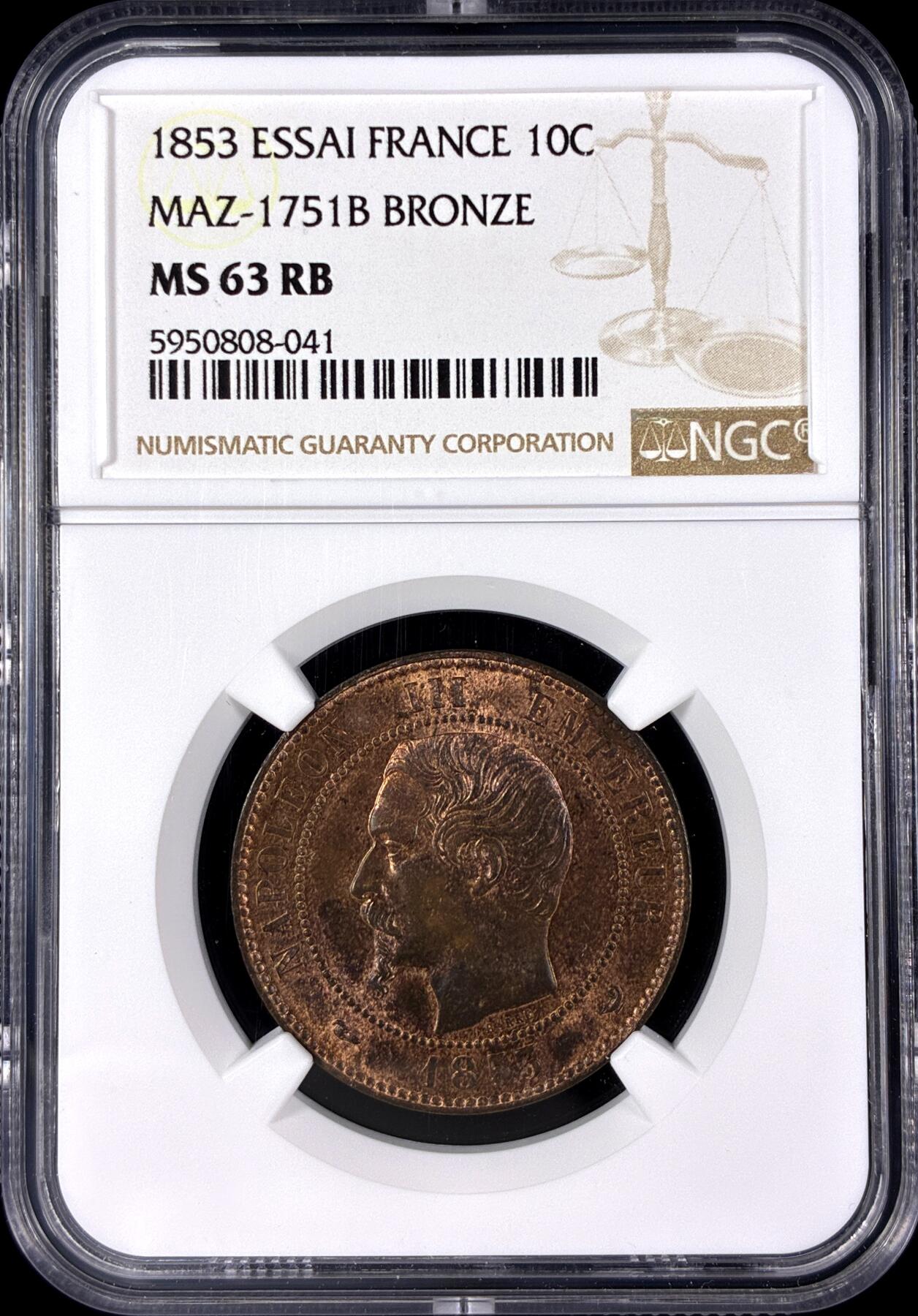 【雨安】【直播拍卖】【第0128期-评级币章】2026-03-14 周六 19:30 (金价1145, 银价22.39) [评级法国] France 法国 样币 Maz-1751b 10分 1853年 拿破仑三世  NGC-MS63