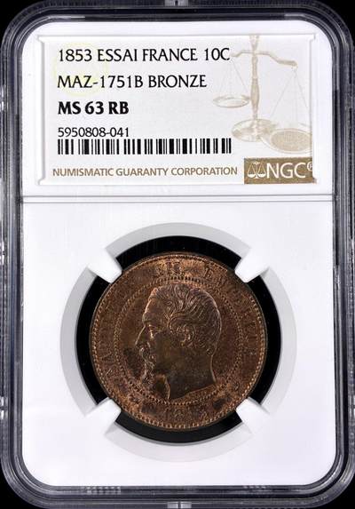 【雨安】【直播拍卖】【第0128期-评级币章】2026-03-14 周六 19:30 (金价1145, 银价22.39) - [评级法国] France 法国 样币 Maz-1751b 10分 1853年 拿破仑三世  NGC-MS63