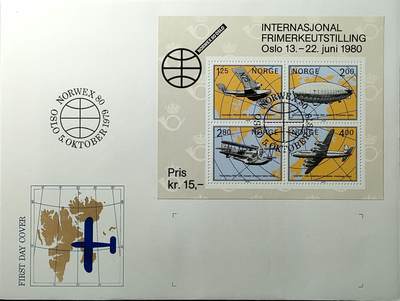 ↓君缘收藏760期☞钱币邮品↓无佣金、可寄存、满30元包邮  - 挪威邮票，1979年挪威国际邮展·北极航空史和极地地图邮票小全张首日封(大封)
