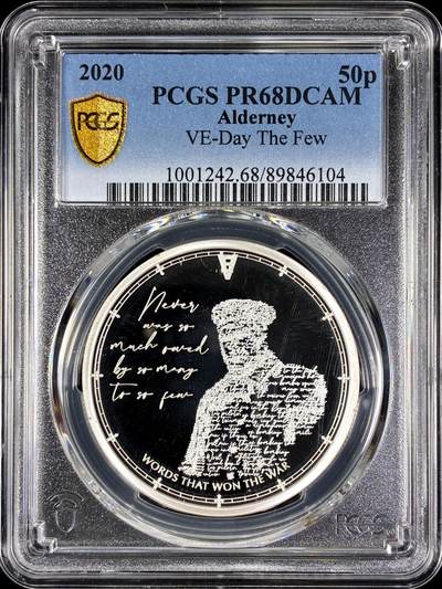 【雨安】【直播拍卖】【第0128期-评级币章】2026-03-14 周六 19:30 (金价1145, 银价22.39) - [评级现代] Alderney 奥尔德尼 50便士 2020年 VE-Day PCGS-PR68DCAM 精制币