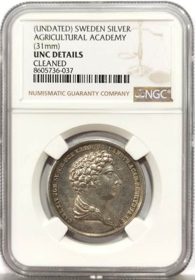 博洋堂世界钱币拍卖第164期（全场包邮） - NGC UNC 瑞典皇家农业科学院纪念银章，正面是国王卡尔十四世，31mm