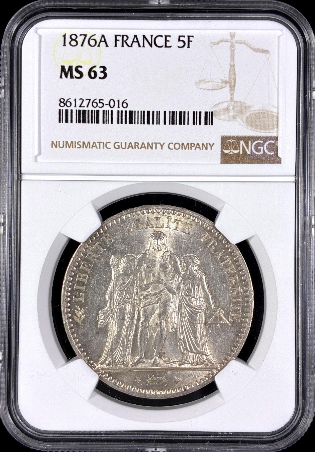 【雨安】【直播拍卖】【第0128期-评级币章】2026-03-14 周六 19:30 (金价1145, 银价22.39) [评级法国] France 法国 5法郎 KM#0820 (1870-1889) 大力神 1876年  NGC-MS63