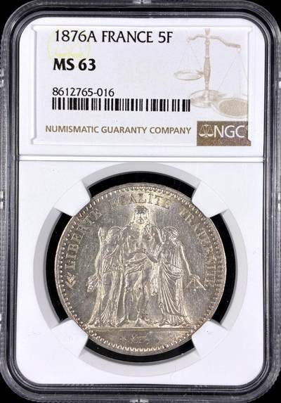 【雨安】【直播拍卖】【第0128期-评级币章】2026-03-14 周六 19:30 (金价1145, 银价22.39) - [评级法国] France 法国 5法郎 KM#0820 (1870-1889) 大力神 1876年  NGC-MS63