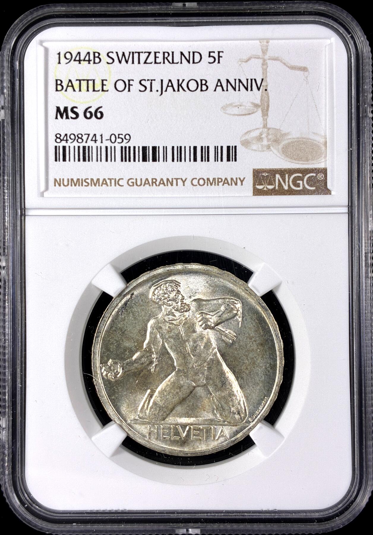 【雨安】【直播拍卖】【第0128期-评级币章】2026-03-14 周六 19:30 (金价1145, 银价22.39) [评级欧洲] Switzerland 瑞士 5法郎 1944年 圣雅各布比尔斯战役 KM# 45  NGC-MS66