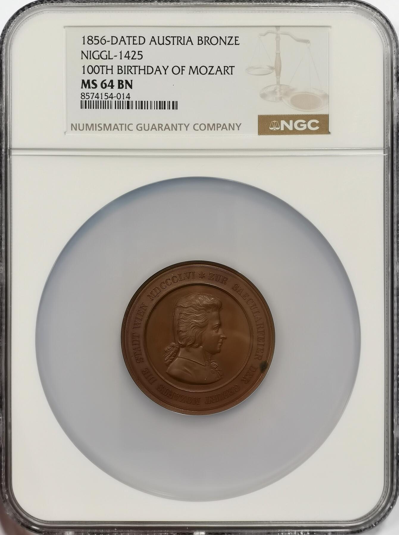 博洋堂世界钱币拍卖第164期（全场包邮） NGC MS64BN 奥地利1856年纪念大音乐家莫扎特诞辰100周年大铜章，50mm，超大盒装！