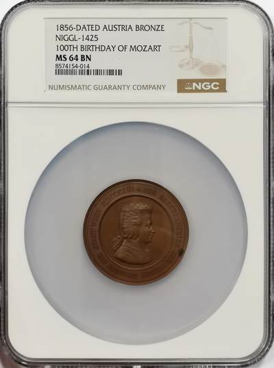 博洋堂世界钱币拍卖第164期（全场包邮） - NGC MS64BN 奥地利1856年纪念大音乐家莫扎特诞辰100周年大铜章，50mm，超大盒装！