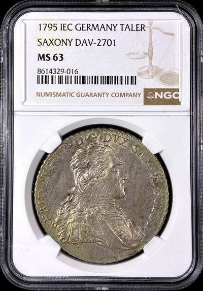 【雨安】【直播拍卖】【第0128期-评级币章】2026-03-14 周六 19:30 (金价1145, 银价22.39) - [评级德国] Germany 德国 德意志 1泰勒 Saxony萨克森 奥古斯特 军装 1795年  NGC-MS63