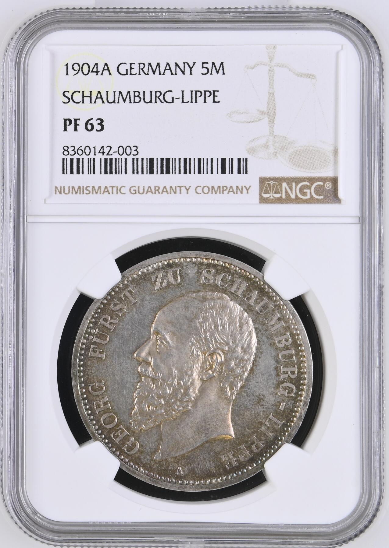 NGC-PF63 1904 德国绍姆堡-利珀5马克精制银币