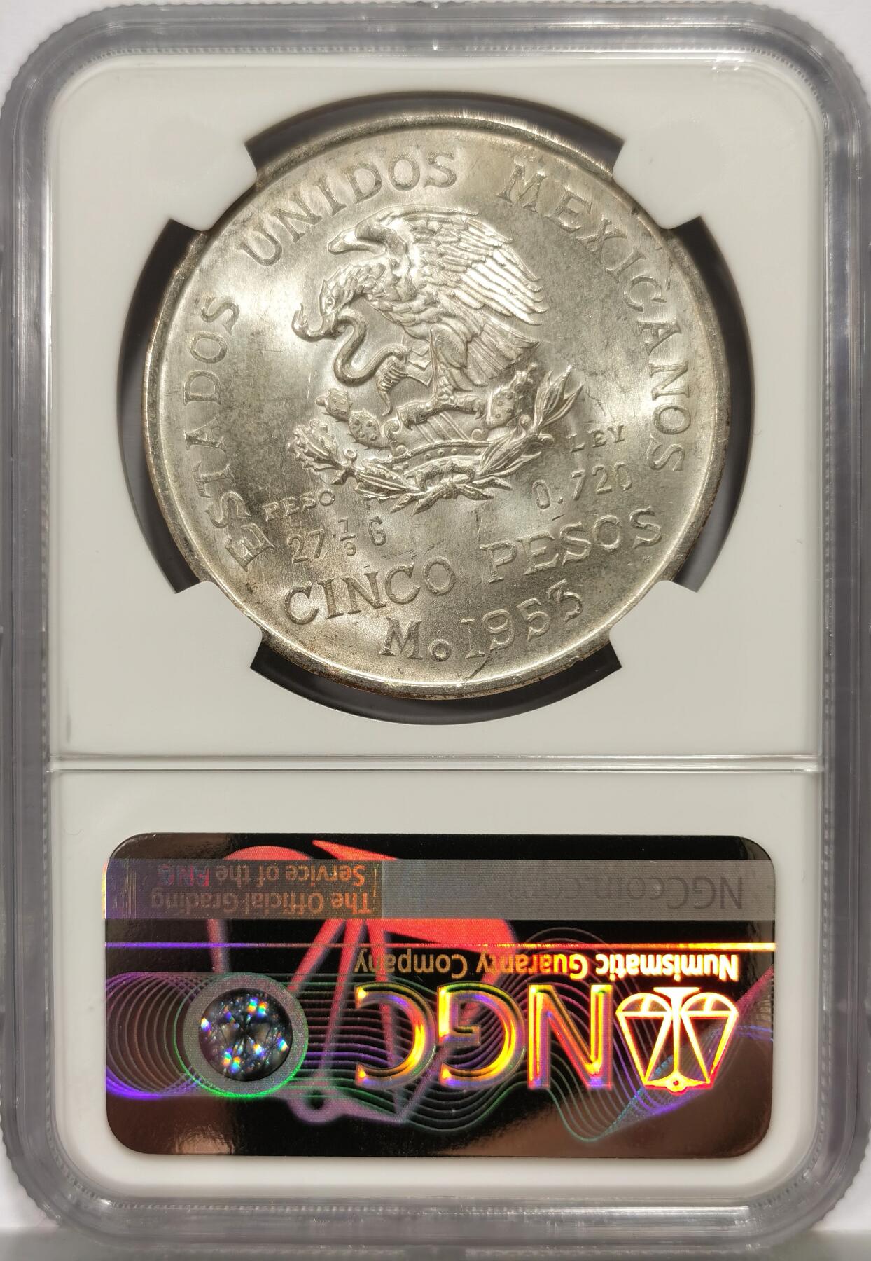 博洋堂世界钱币拍卖第164期（全场包邮） NGC MS63 墨西哥1953年5比索热门大银币，含银750
