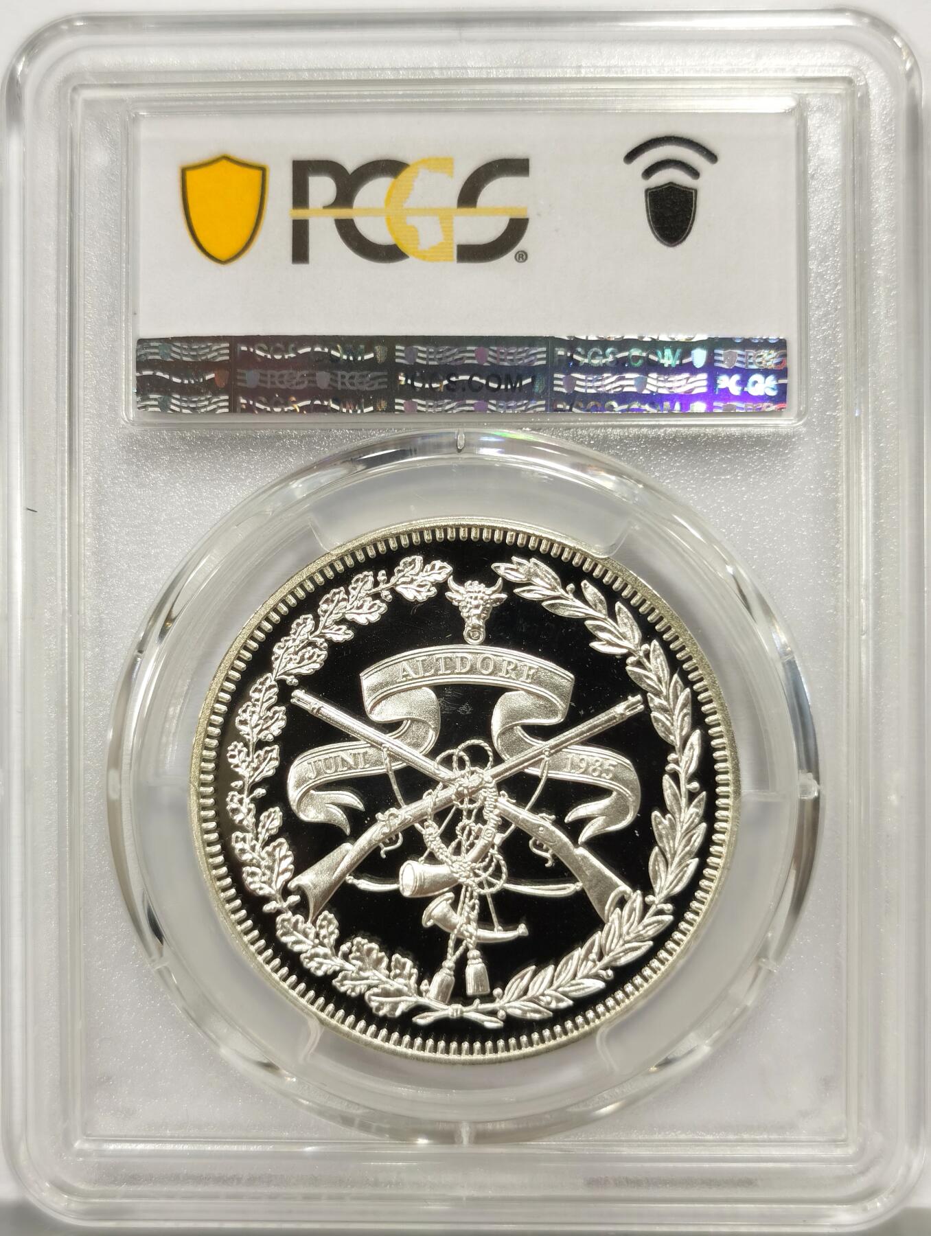 博洋堂世界钱币拍卖第164期（全场包邮） PCGS PR69DCAM 瑞士1985年阿尔特多夫射击节50法郎精制纪念银币，发行量3500枚。PROOF精制币，币面清爽干净又舒适，转光强烈细节优秀，状态一流，更高评级数量8枚。