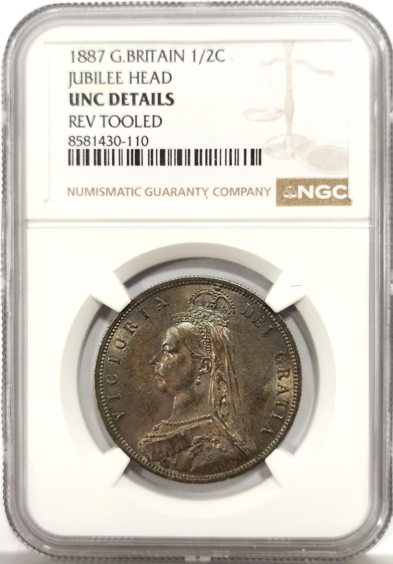 博洋堂世界钱币拍卖第164期（全场包邮） NGC UNCD 英国1887年维多利亚半克朗银币，原汁原味老包浆，包浆醇厚浓郁，状态佳，味道币味道足，极美酱彩包浆，