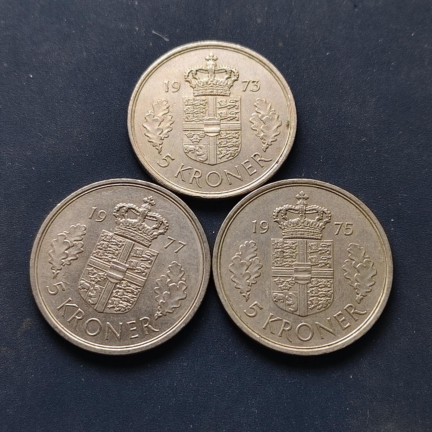 【全场包邮】纯粹捡漏拍510场 丹麦1973-1977年玛格丽特女王33毫米大版5克朗3枚一组-含1973年首发年