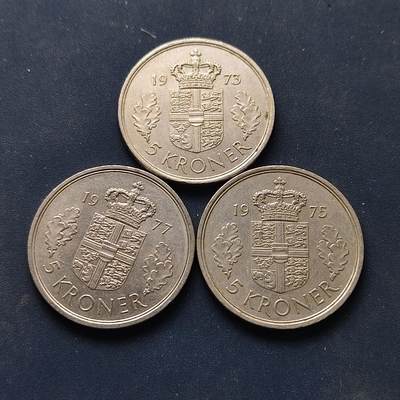 【全场包邮】纯粹捡漏拍510场 - 丹麦1973-1977年玛格丽特女王33毫米大版5克朗3枚一组-含1973年首发年