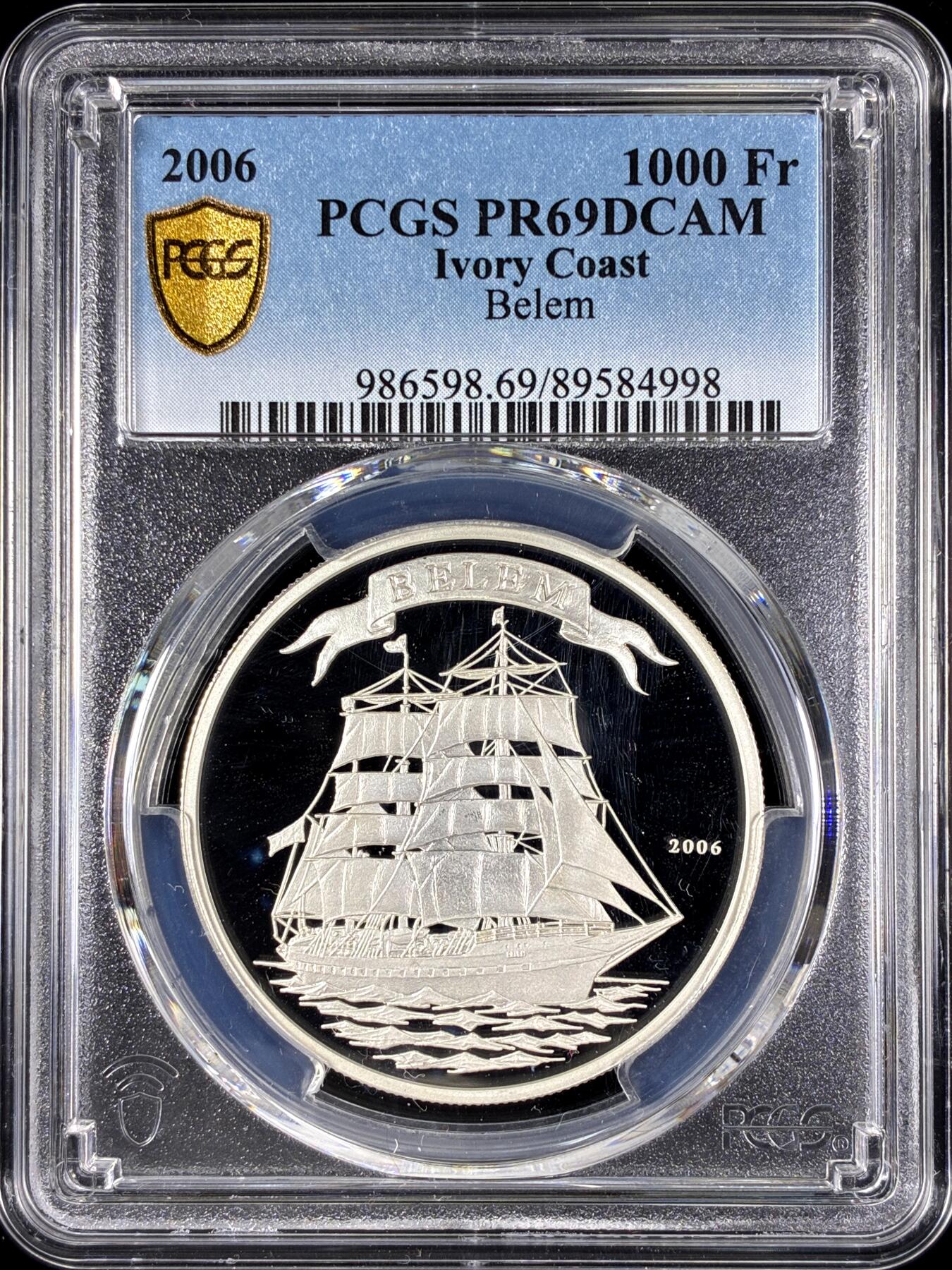【雨安】【直播拍卖】【第0128期-评级币章】2026-03-14 周六 19:30 (金价1145, 银价22.39) [评级现代] Ivory Coast 科特迪瓦 1000法郎 2006年 帆船法国贝伦号 法国最大的三桅帆船 PCGS-PR69DCAM 精制币