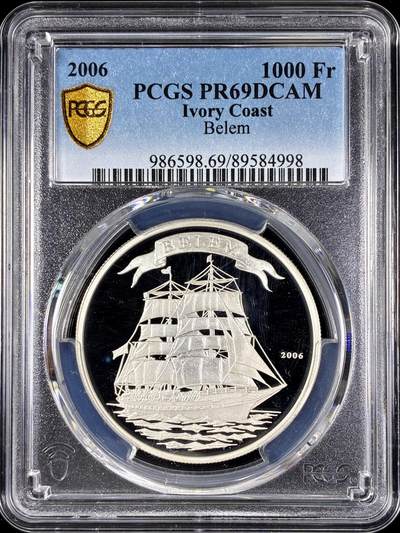 【雨安】【直播拍卖】【第0128期-评级币章】2026-03-14 周六 19:30 (金价1145, 银价22.39) - [评级现代] Ivory Coast 科特迪瓦 1000法郎 2006年 帆船法国贝伦号 法国最大的三桅帆船 PCGS-PR69DCAM 精制币