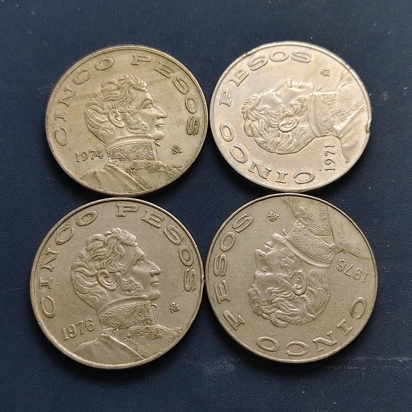 【全场包邮】纯粹捡漏拍510场 墨西哥1971-1976年5比索文森特·格雷罗4枚一组