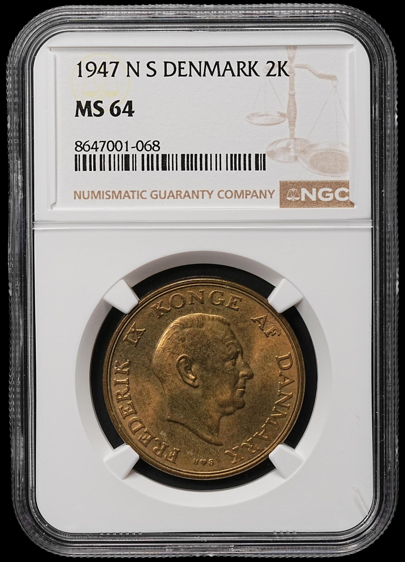 修遠堂世界钱币第107期 NGC MS64 1947年丹麦2克朗
