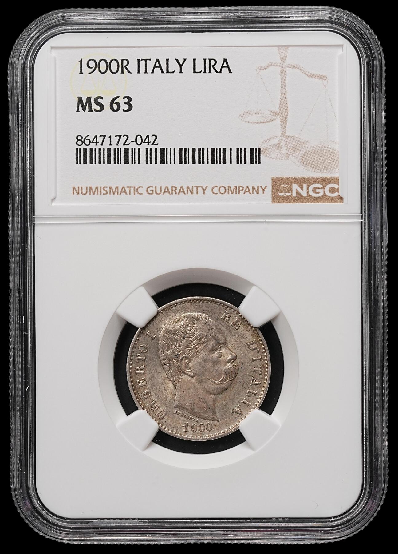 修遠堂世界钱币第107期 NGC MS63 1900年意大利1里拉银币，少见的年份，充分流通品种，MS有分少见