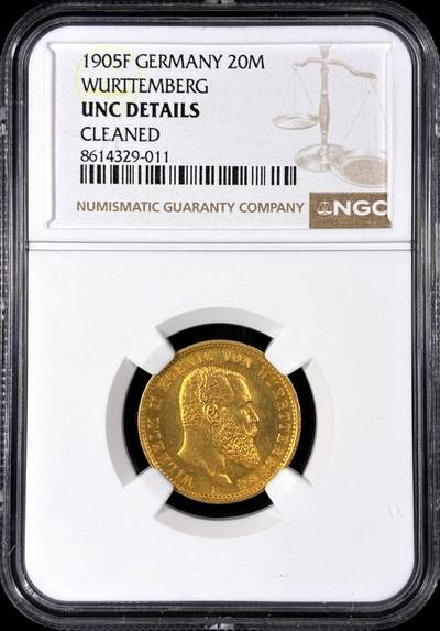 【雨安】【直播拍卖】【第0128期-评级币章】2026-03-14 周六 19:30 (金价1145, 银价22.39) - [评级金铂] Germany [金币] 德国 帝国 J.296 Wurttemberg符腾堡 20马克 威廉二世 1905年  NGC-UNC