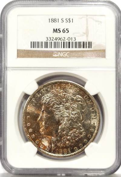 博洋堂世界钱币拍卖第164期（全场包邮） - NGC MS65 美国1881年摩根银币S版，原汁原味双面五彩老包浆，包浆醇厚润泽又犀利，转光强烈细节优秀，橙金包浆宛如落日，状态一流。背面一角有小磕