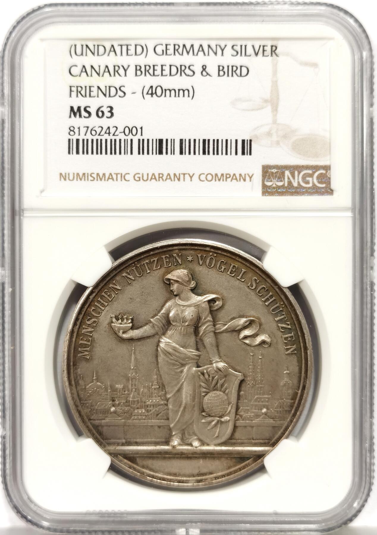 博洋堂世界钱币拍卖第164期（全场包邮） NGC MS63 德国1900左右金丝雀协会纪念大银章，40mm直径，女神和风景融为一体，完美包浆！