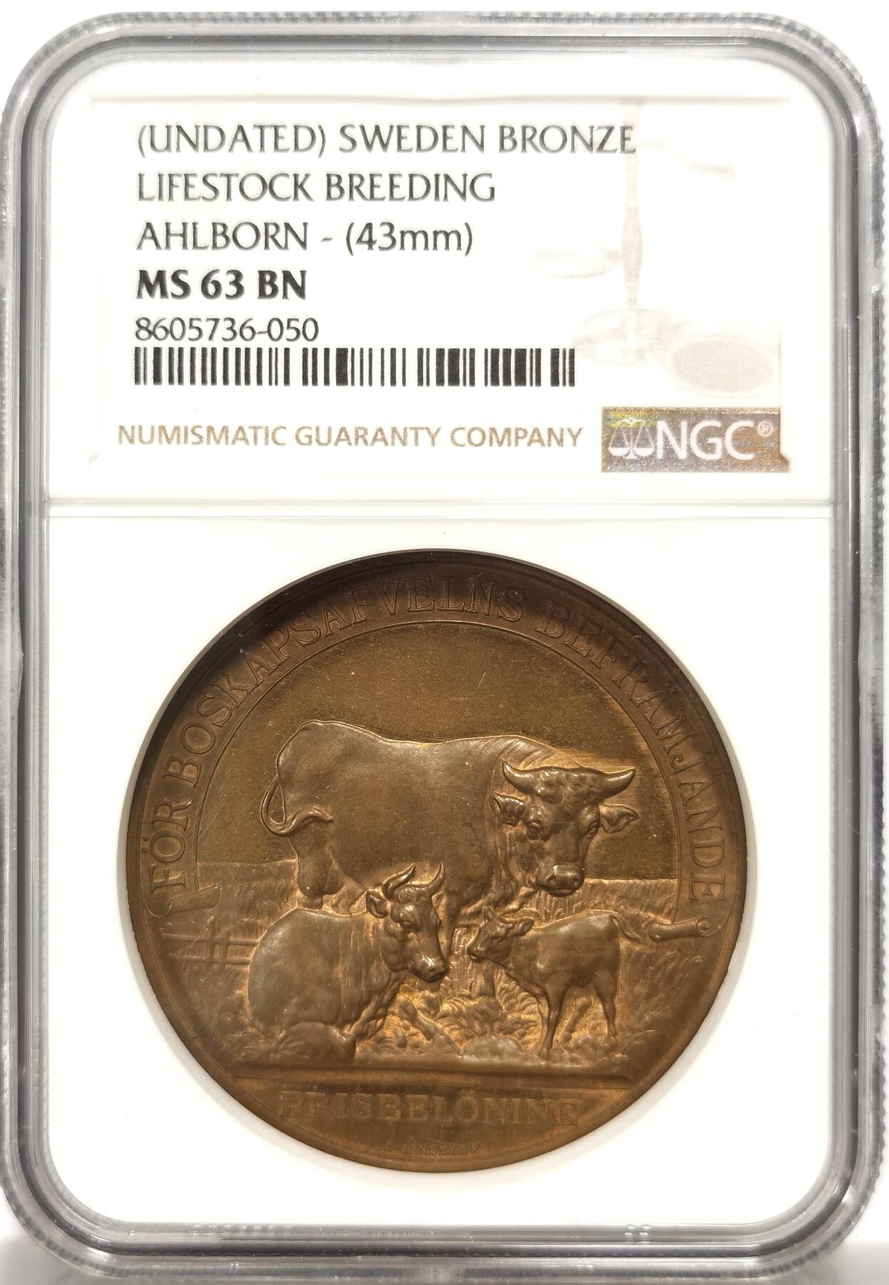 博洋堂世界钱币拍卖第164期（全场包邮） NGC MS63BN 瑞典畜牧育种纪念铜章，用于表彰肉牛改良，43mm，加厚盒
