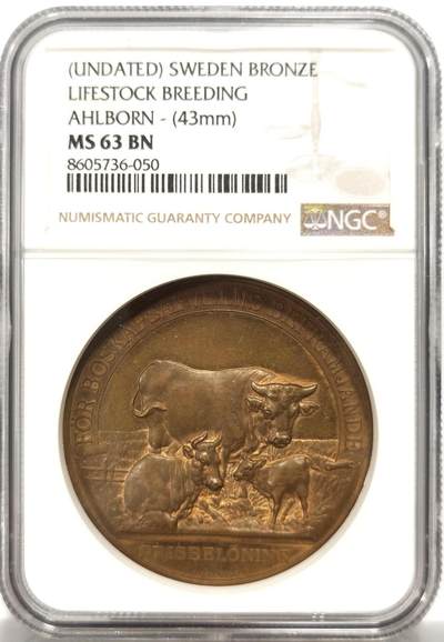 博洋堂世界钱币拍卖第164期（全场包邮） - NGC MS63BN 瑞典畜牧育种纪念铜章，用于表彰肉牛改良，43mm，加厚盒