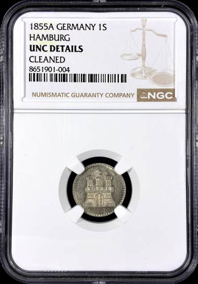 【雨安】【直播拍卖】【第0128期-评级币章】2026-03-14 周六 19:30 (金价1145, 银价22.39) - [评级德国] Germany 德国 德意志 汉堡 1先令 1855年  NGC-UNC 深打, 一流光度 严评