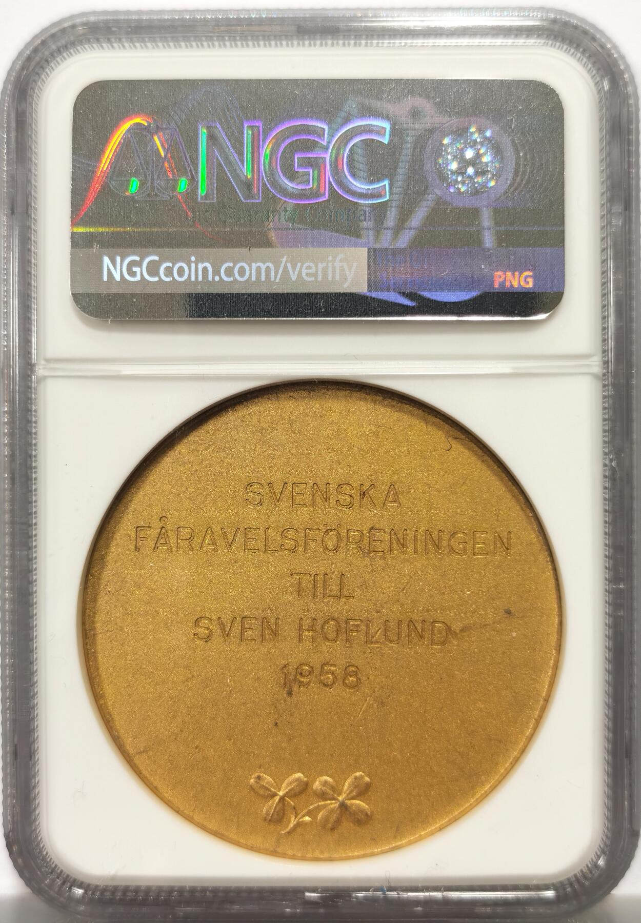 博洋堂世界钱币拍卖第164期（全场包邮） NGC MS64 瑞典1958年畜牧育种镀金银章，44mm，加厚盒