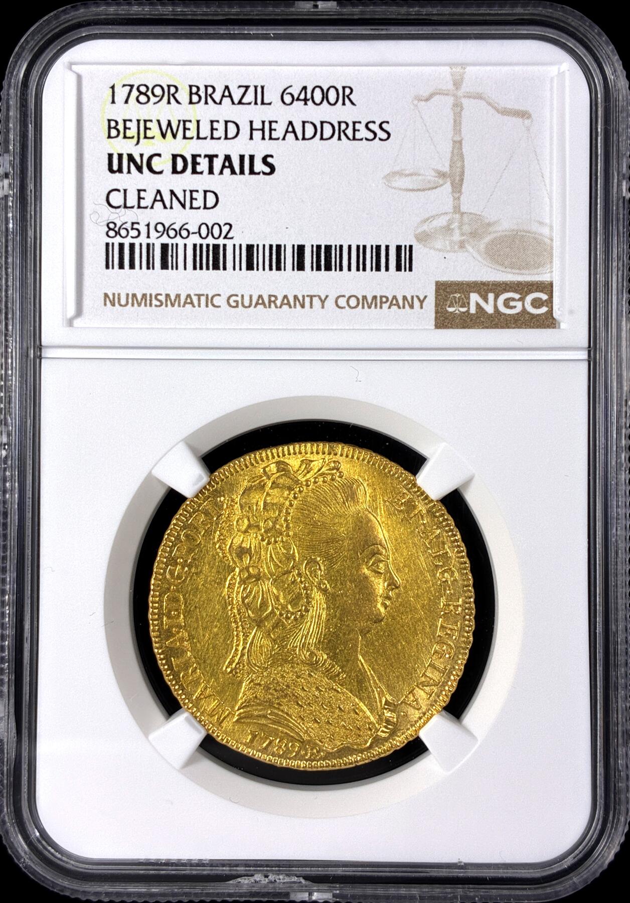 【雨安】【直播拍卖】【第0128期-评级币章】2026-03-14 周六 19:30 (金价1145, 银价22.39) [评级金铂] Brazil [金币] 巴西 6400瑞斯 (1789-1806) 玛丽亚一世 [14.34克, 0.917金] 1789年  NGC-UNC 光度极佳 少见品种