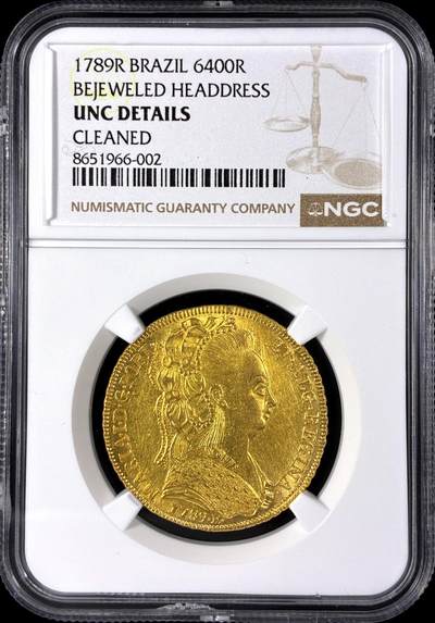 【雨安】【直播拍卖】【第0128期-评级币章】2026-03-14 周六 19:30 (金价1140, 银价21.50) - [评级金铂] Brazil [金币] 巴西 6400瑞斯 (1789-1806) 玛丽亚一世 [14.34克, 0.917金] 1789年  NGC-UNC 光度极佳 少见品种
